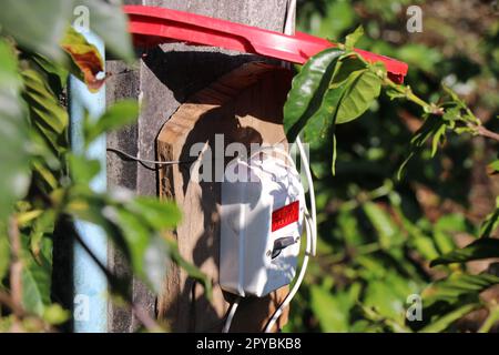 DP-Schalter, der auf einem Betonmast installiert ist, mit einer Anordnung, die einen Wasserabweiser aus recycelten Materialien auf der Oberseite bietet Stockfoto