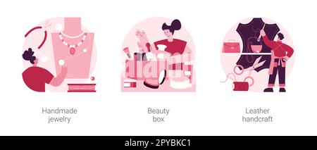 Handgefertigtes abstraktes Konzept für Vektordarstellungen beim Start. Handgefertigter Schmuck, Beauty-Box, Lederhandwerk, Online-Designer-Shop, Kunsthandwerk, Abonnement, Kosmetikprodukte abstrakte Metapher. Stock Vektor