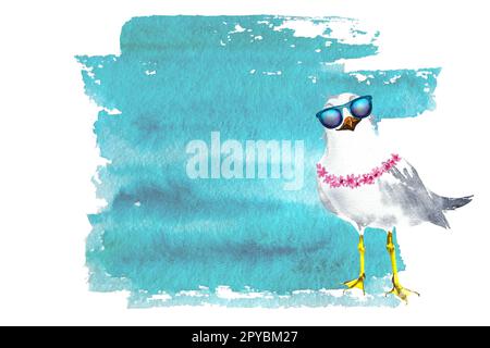 Aquarelle Darstellung einer Cartoon-Möwe. Möwe mit Brille, Aquarellzeichnung, auf weißem Hintergrund. Stockfoto