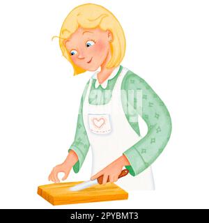 Eine fürsorgliche, lächelnde Mutter in einer weißen Schürze, grünes Kleid schneidet und kocht Abendessen. Isolierte, gemütliche Aquarellzeichnung für Dekoration, Design, Rezept Stockfoto