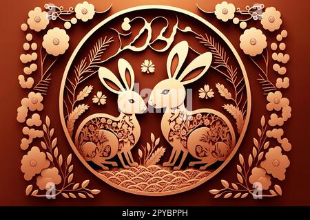 Frohes chinesisches Neujahr 2023 Jahr des Kaninchen Zodiac Schild mit Blume, Laterne, asiatischen Elementen goldenes Papier geschnitten im Stil auf farbigem Hintergrund Stockfoto