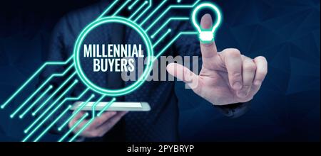 Schreiben mit Text Millennial Buyers. Geschäftskonzept Art der Konsumenten, die an Trendprodukten interessiert sind Stockfoto