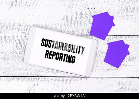 Sustainability Reporting wird geschrieben und zeigt Text an. Das beschriebene Wort gibt Informationen über die wirtschaftliche Umweltleistung Stockfoto