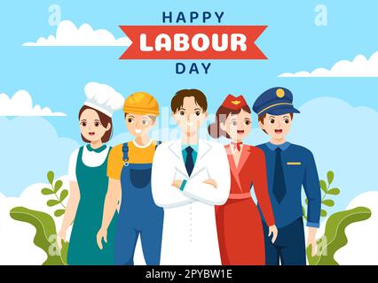 Happy Labor Day am 1. Mai Illustration mit verschiedenen Berufen und vielen Dank an alle Arbeiter für Ihre harte Arbeit an handgezeichneten Flat Cartoon Vorlagen Stockfoto