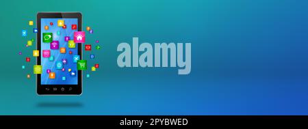 Fliegende Symbole um ein Smartphone herum. Cloud-Computing-Konzept. 3D-Abbildung isoliert auf blauem Hintergrund. Stockfoto