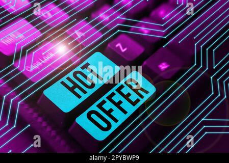 Schild mit „Hot Offer“. Wort auf Produkt oder Programm geschrieben, das zu reduzierten Preisen oder Tarifen angeboten wird Stockfoto