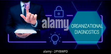 Textüberschrift zur Präsentation der Organisationsdiagnose. Unternehmen zeigen die Untersuchung der Art und Weise, wie Menschen innerhalb von Gruppen interagieren Stockfoto