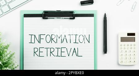 Informationen zum konzeptionellen Titel abrufen. Wort für Einen Ort, an dem Daten gespeichert werden und gefunden werden können Stockfoto