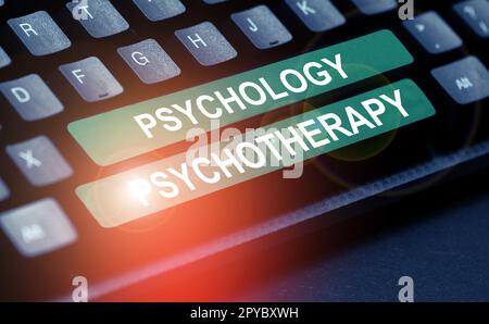 Zeichen für Psychologie Psychotherapie. Wort für die Anwendung einer psychologischen Methode zur Behandlung psychischer Erkrankungen Stockfoto