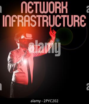 Inspiration mit dem Schild „Network Infrastructure“. Konzept bedeutet Hardware- und Softwareressourcen in und Out Connection Stockfoto