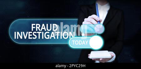 Textzeichen mit Betrugsuntersuchung. Internet-Konzept zur Feststellung, ob ein Betrug stattgefunden hat Stockfoto