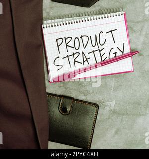 Textüberschrift zur Präsentation der Produktstrategie. Konzeptfoto Langzeitplan Entwicklung einer erfolgreichen Produktproduktion Stockfoto