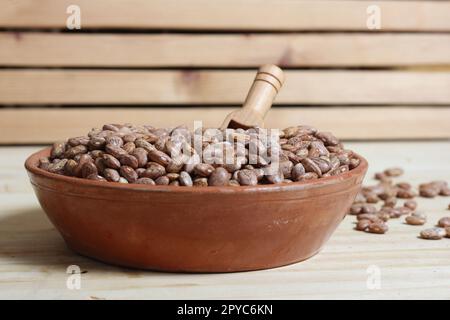 Trockene Pinto-Bohnen in Tonschüssel mit Holzlöffel in rustikaler Küche Stockfoto