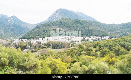 Panoramablick auf das weiße Dorf Benamahoma in der Sierra de Grazalema (CÃ¡diz, Andalusien, Spanien) Stockfoto