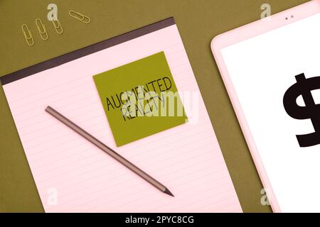 Schild mit Augmented Reality. Business Showcase-Technologie, die Computerbilder in der realen Welt aufzwingt Stockfoto