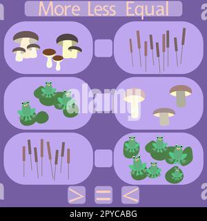 Zählen Sie die Pilze und Frösche auf dem Bild, und bringen Sie ein Zeichen an, das größer als, kleiner oder gleich dem Rebus für Kinder unter 6 Jahren ist. Stockfoto