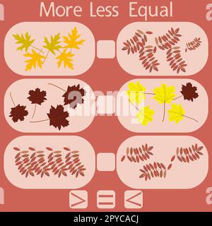 Zählen Sie die Herbstblätter auf dem Bild, und bringen Sie ein Zeichen an, das größer als, kleiner oder gleich dem Rebus für Kinder unter 6 Jahren ist Stockfoto