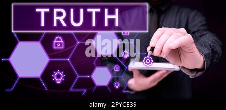 Ein Zeichen, das die Wahrheit zeigt. Konzeptfoto die Qualität oder der Zustand ist das genaue Gegenteil von Lügen und Fakten Stockfoto