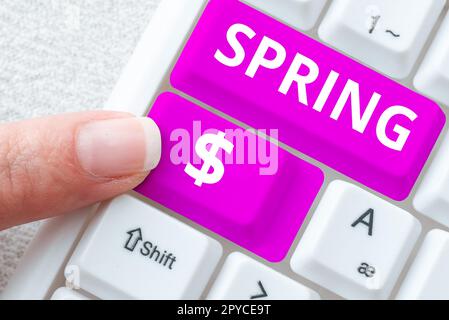 Konzeptionelle Beschriftung Frühling. Ein Wort, das auf die Wintersaison geschrieben wird, in der die Vegetation beginnt Stockfoto