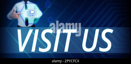Schreiben von Anzeigetext Besuchen Sie uns. Unternehmensübersicht Einladung Webseite ansehen Link zum Homepage-Blog Internet Stockfoto