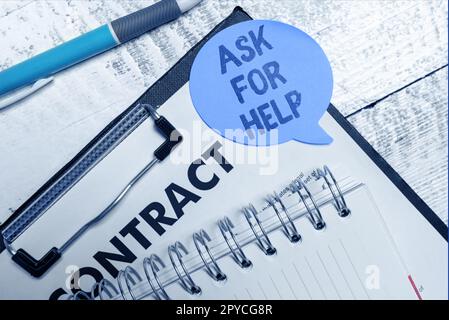 Textüberschrift Präsentation „Hilfe anfordern“. Geschäftsübersicht Support-Anfrage benötigt professionelle Beratung Stockfoto