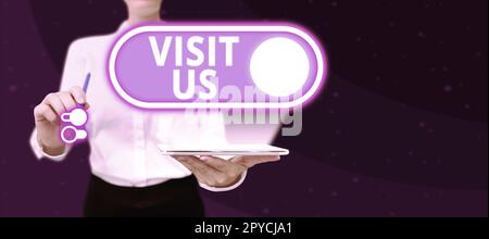 Schreiben von Anzeigetext Besuchen Sie uns. Konzeptionelle Einladung zu Fotos Webseite ansehen Link zu Homepage Blog Internet Stockfoto