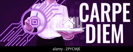 Textunterschrift mit Carpe Diem. Ein öffentliches Festival, bei dem die Menschen Musik und Tanz spielen Stockfoto