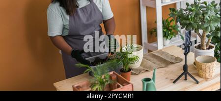 afroamerikanerin Bloggerin Influencer arbeitet an Heimvideokamera Selfie-Dreharbeiten kümmern sich um Heimpflanzen und Pflanze in Blumentopf. Hausgärtnerei und Blumenkonzept. Stockfoto