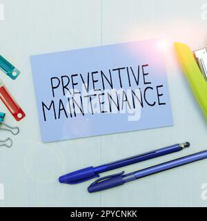 Konzeptionelle Anzeige vorbeugende Wartung. Konzept zur Vermeidung von Ausfällen, während die Maschine noch in Betrieb ist Stockfoto