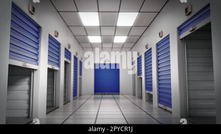 Lagerräume mit offenen, geschlossenen und halb offenen Türen 3D Abbildung Stockfoto