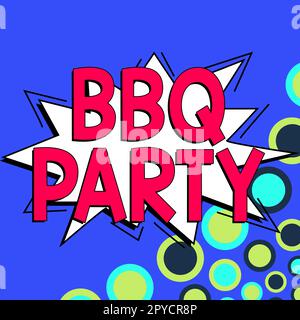Konzepttitel: BBQ-Party. Das Geschäftskonzept wird in der Regel im Freien umgesetzt, indem Fleisch über Holz oder Holzkohle geraucht wird Stockfoto