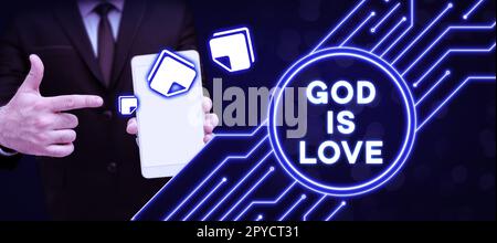 Begrifflicher Titel: "Gott ist Liebe". Begriffliches Foto, das an Jesus glaubt, religiöse Gedanken, Christentum Stockfoto