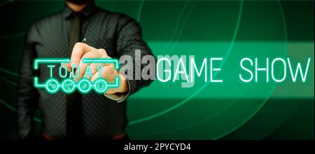 Schreiben und Anzeigen von Text Spielshow. Konzeptbedeutung Programm im Fernsehen oder Radio mit Spielern, die Preise gewinnen Stockfoto