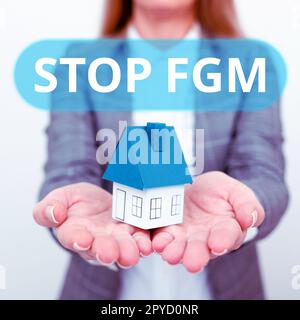 Textüberschrift für „FGM stoppen“. Der Geschäftsansatz hat dem weiblichen Genitalschnitt und der weiblichen Beschneidung ein Ende gesetzt Stockfoto