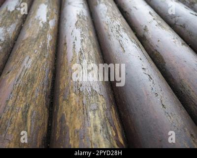 Ein Bauholz für den Einsatz im Bauwesen ohne Längssägen. Rundes Holzsortiment. Bruchstücke der Konstruktion von abgerundeten Holzstämmen. Der Einfluss von Feuchtigkeit auf Holz. Stockfoto