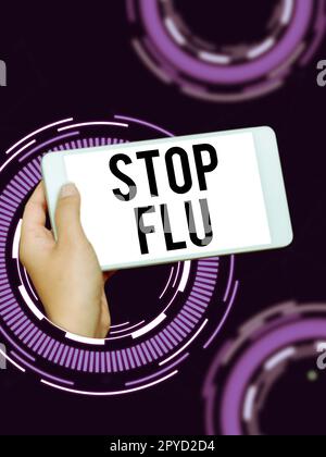 Textüberschrift mit Stop Grippe. Wort für die Behandlung der ansteckenden Atemwegserkrankung, die durch Grippevirus verursacht wird Stockfoto