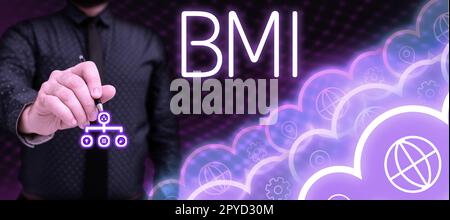 Text mit Inspirations-BMI. Konzeptfoto Methode zur Bestimmung des Körperfettgehaltes auf Gewichts- und Grössenbasis Stockfoto