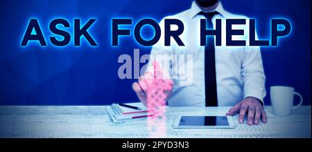 Textüberschrift Präsentation „Hilfe anfordern“. Geschäftsübersicht Support-Anfrage benötigt professionelle Beratung Stockfoto