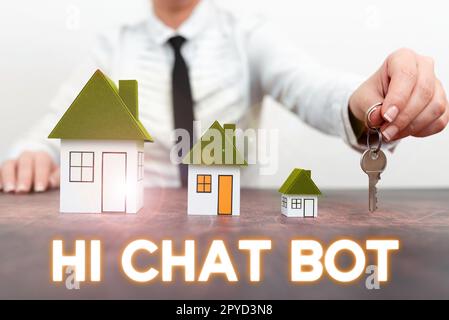 Inspiration mit dem Schild „Hi Chat bot. Geschäftsansatz Begrüßung des Roboters, der auf eine gesendete Nachricht antwortet Stockfoto