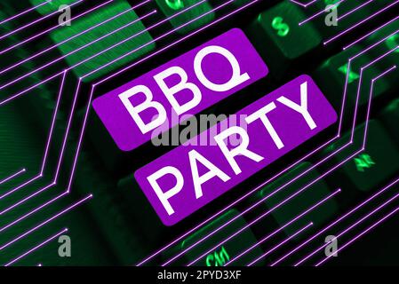 Konzepttitel: BBQ-Party. Geschäftsansatz, der normalerweise im Freien erfolgt, indem Fleisch über Holz oder Holzkohle geraucht wird Stockfoto
