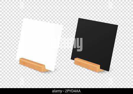 Vector 3D Realistic White and Black – Blankpapier, Kartenhalter aus Holz, Ständer. Konstruktionsvorlage für Modell, Menürahmen, Broschüren. Acryl Stockfoto