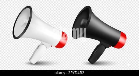 Vector Realistic 3D Simple White and Black Megaphone Symbolgruppe Nahaufnahme isoliert. Konstruktionsvorlage, Banner, Web. Vorlage Für Lautsprecherdesign. Ankündigung, A Stockfoto