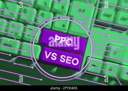 Schreiben mit Textanzeige PPC vs. Seo. Konzept bedeutet Bezahlung pro Klick im Vergleich zu Suchmaschinenoptimierungsstrategien Stockfoto
