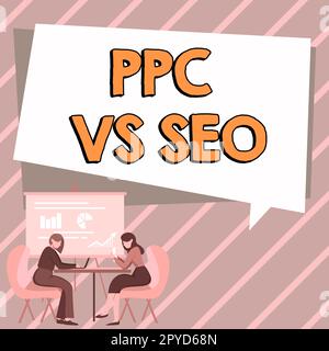 Schreiben mit Textanzeige PPC vs. Seo. Wort, das auf „Pay per Click“ im Vergleich zu Strategien zur Suchmaschinenoptimierung geschrieben wurde Stockfoto