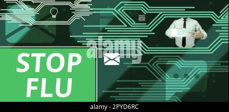 Textüberschrift mit Stop Grippe. Wort geschrieben über die Behandlung der ansteckenden Atemwegserkrankung durch Influenza-Virus Stockfoto