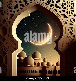 Grafik einer Moschee in der Dämmerung mit Toren und islamischen geometrischen Elementen. Halbmond am Himmel. Symbolisiert die Feier des heiligen muslimischen Monats Ramadan. Stockfoto