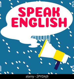 Die konzeptionelle Beschriftung spricht Englisch. Word für Studium einer anderen Fremdsprache Online-verbale Kurse Stockfoto