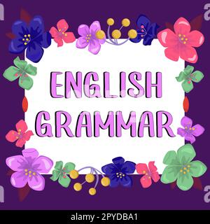 Inspiration mit Zeichen für englische Grammatik. Business Showcase-Kurse decken alle Ebenen der englischen Sprache und des Schreibens ab Stockfoto