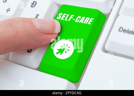 Textunterschrift für die Präsentation der Selbstpflege. Unternehmen zeigen die Praxis, Maßnahmen zu ergreifen, um die eigene Gesundheit zu verbessern Stockfoto