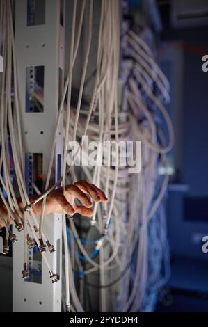 Viele Kabel verheddern sich mit der Hand in Drähten und funktionieren auch im Serverraum Stockfoto